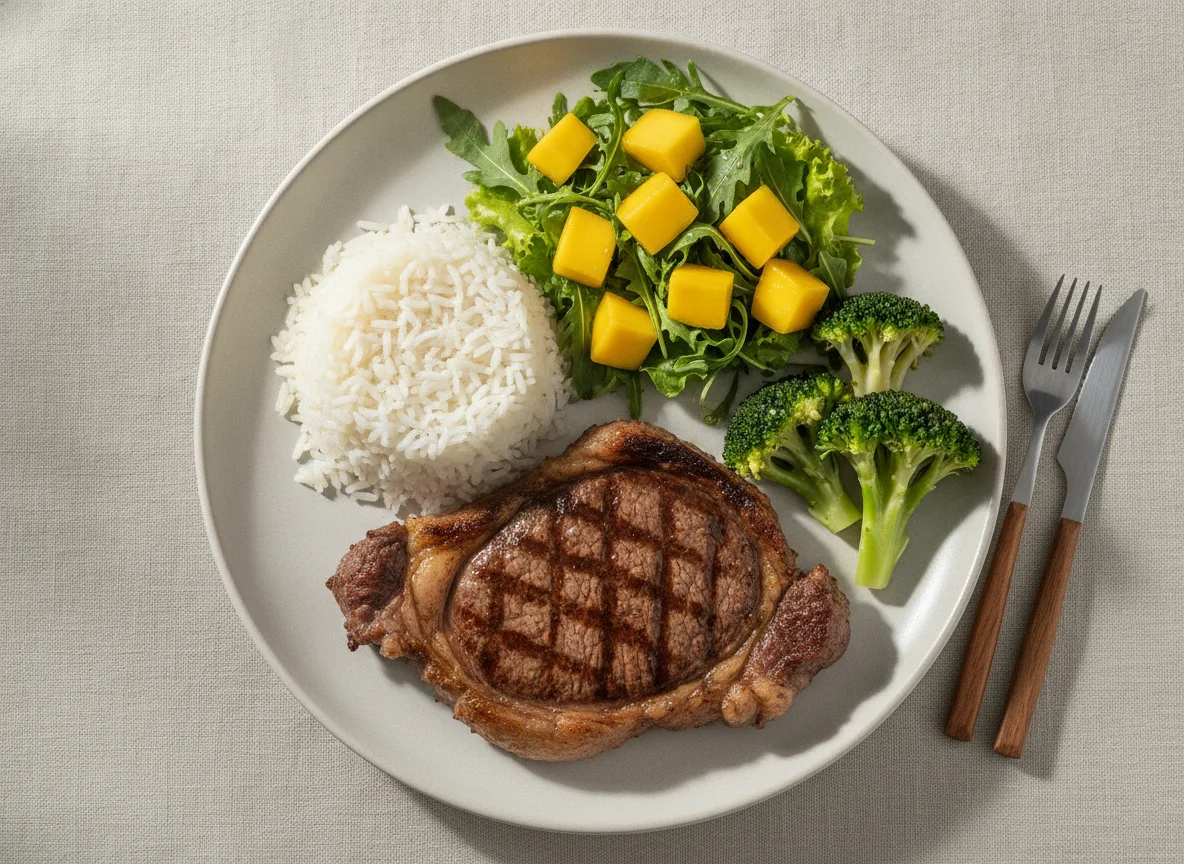 Prato feito com bife, arroz, brócolis e salada de manga photo