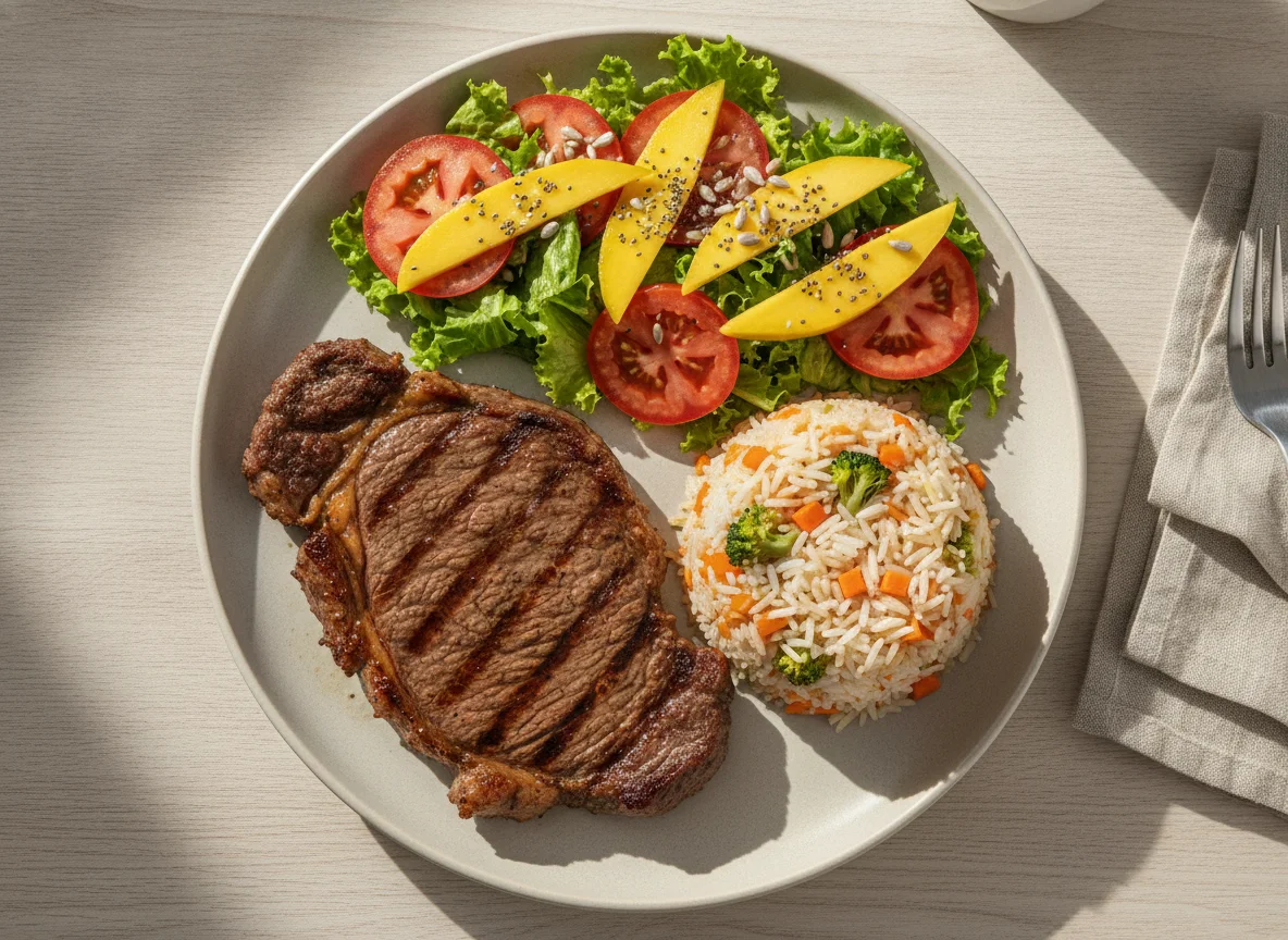 Prato feito com bife, arroz colorido e salada mista photo