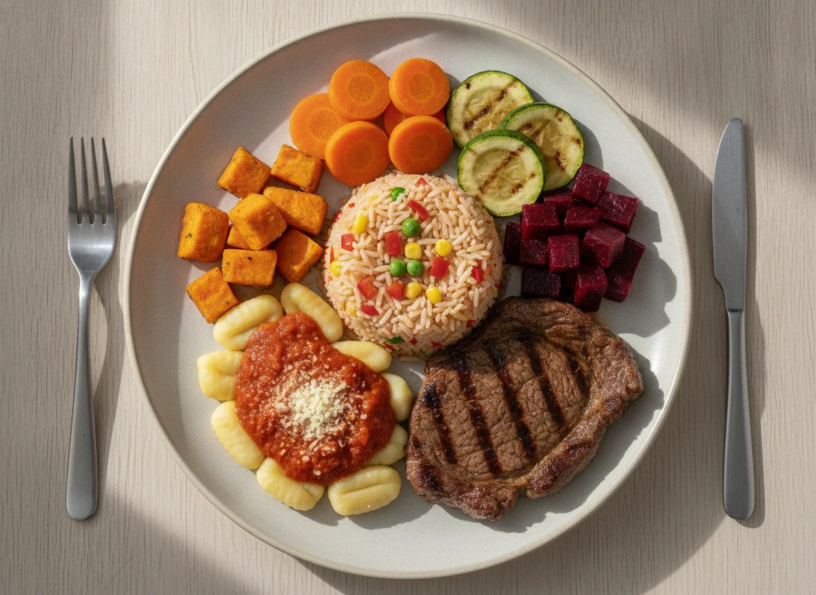 Prato feito com bife, arroz colorido, nhoque e legumes photo