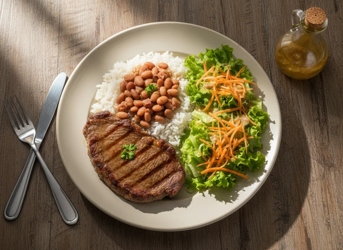 Prato feito com bife, arroz com feijão e salada photo