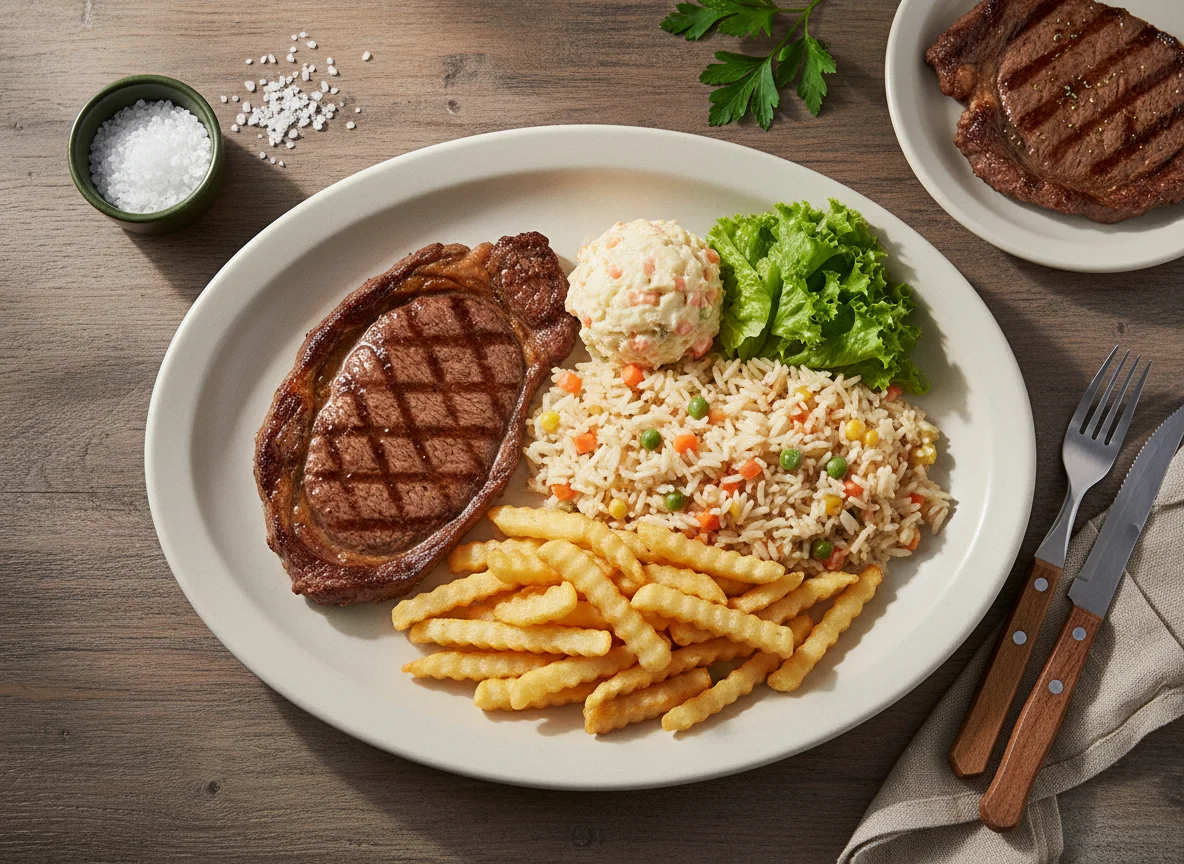 Prato feito com bife, arroz cremoso, batata frita e salada de maionese photo