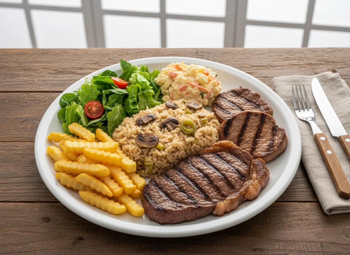 Prato feito com bife, arroz cremoso, batata frita e salada photo