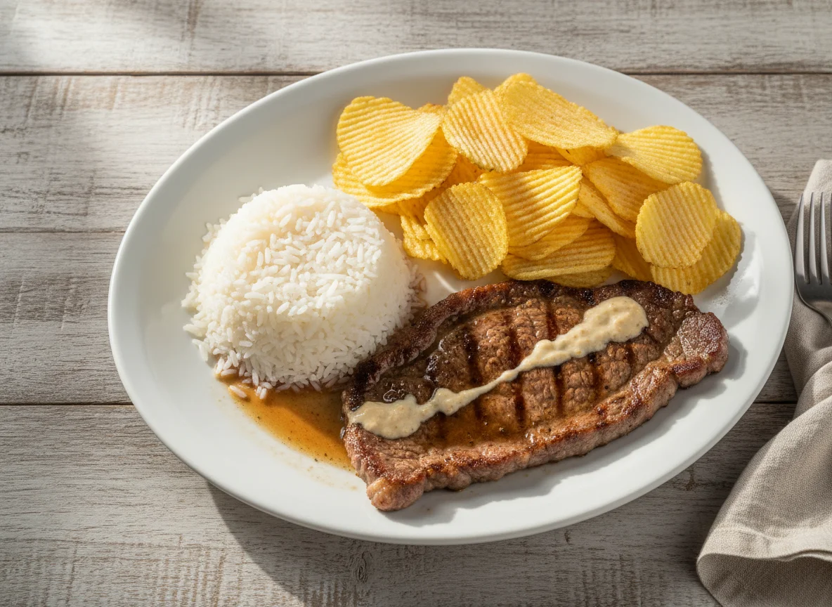 Prato feito com bife, arroz e batata chips photo