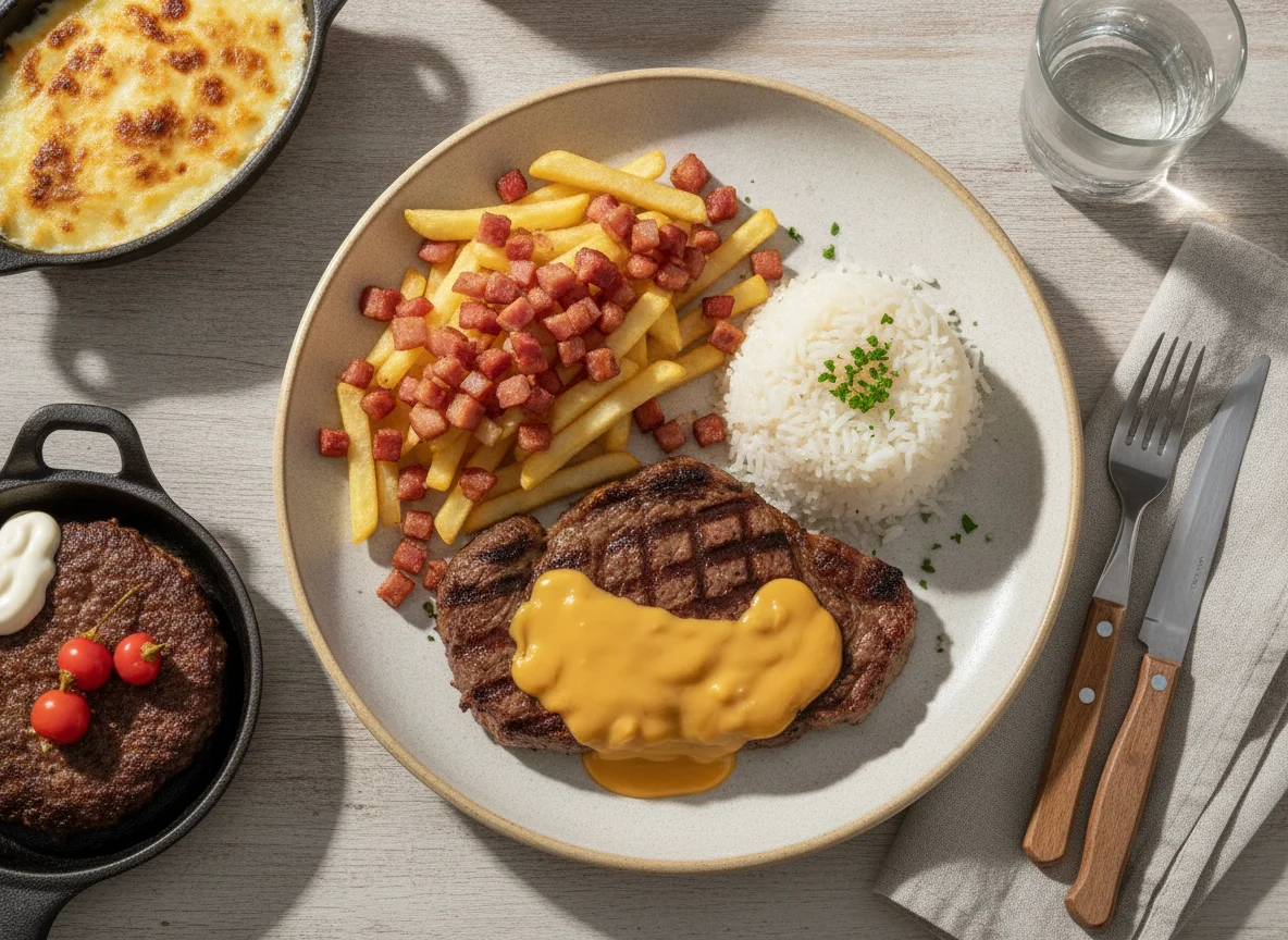 Prato Feito com Bife, Arroz e Batata Frita com Bacon photo