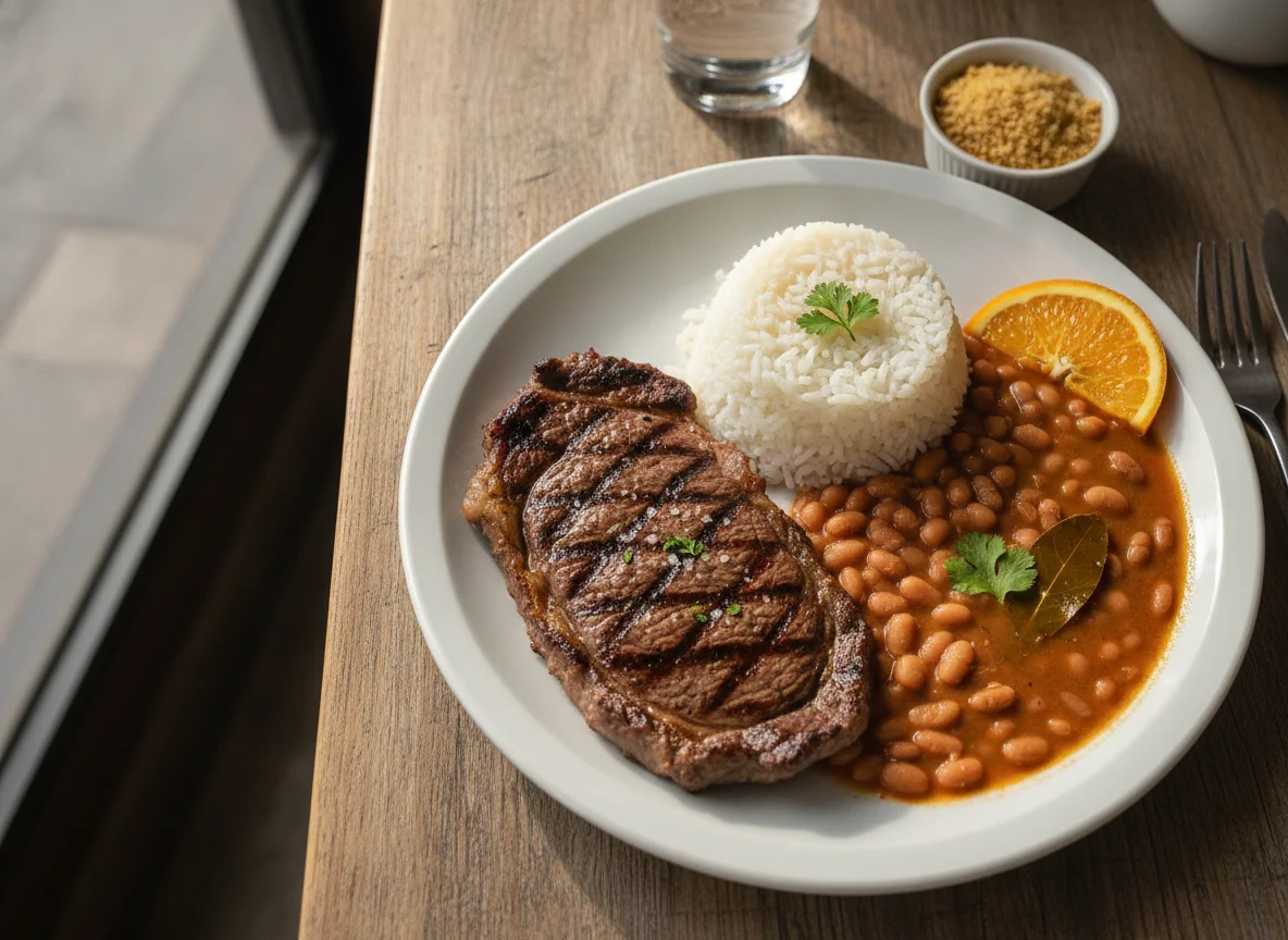 Prato feito com bife, arroz e feijão photo