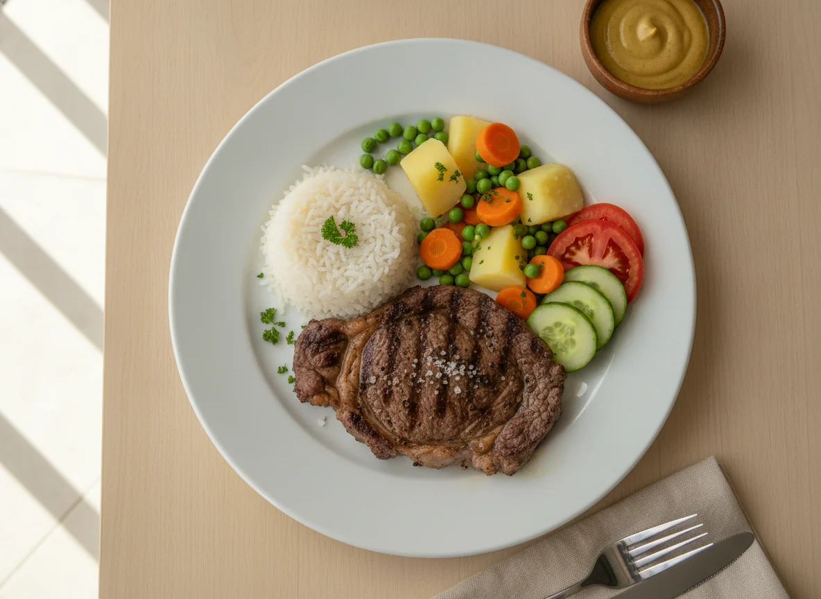 Prato feito com bife, arroz e legumes photo