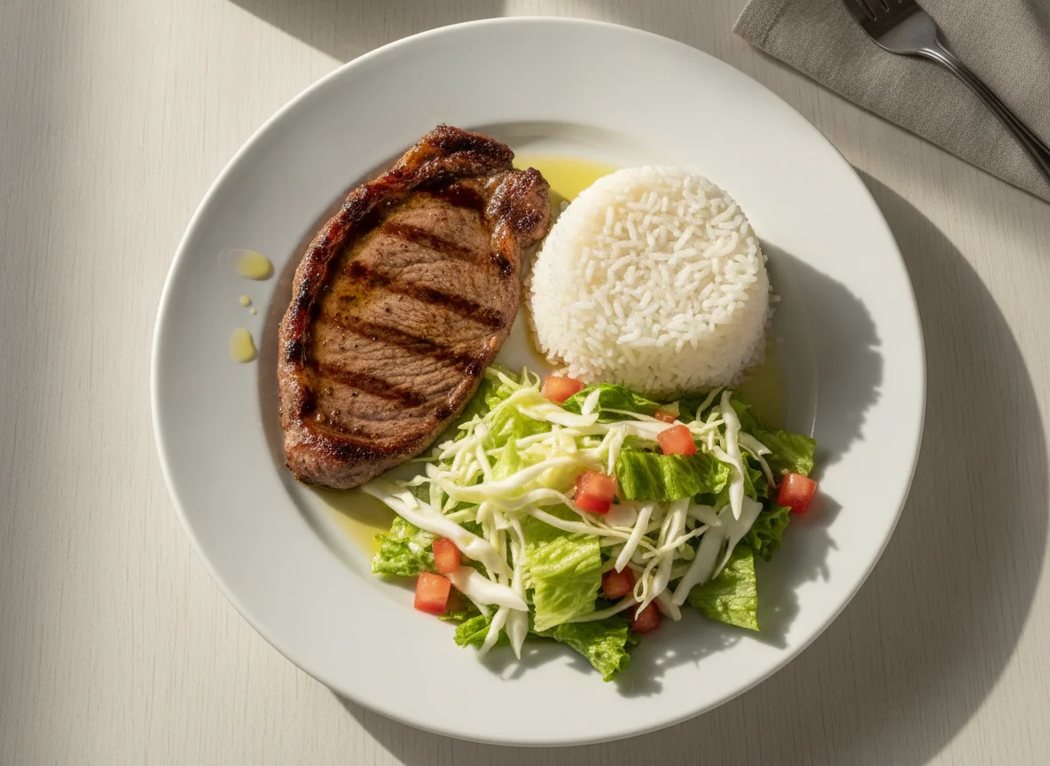 Prato feito com bife, arroz e salada mista photo