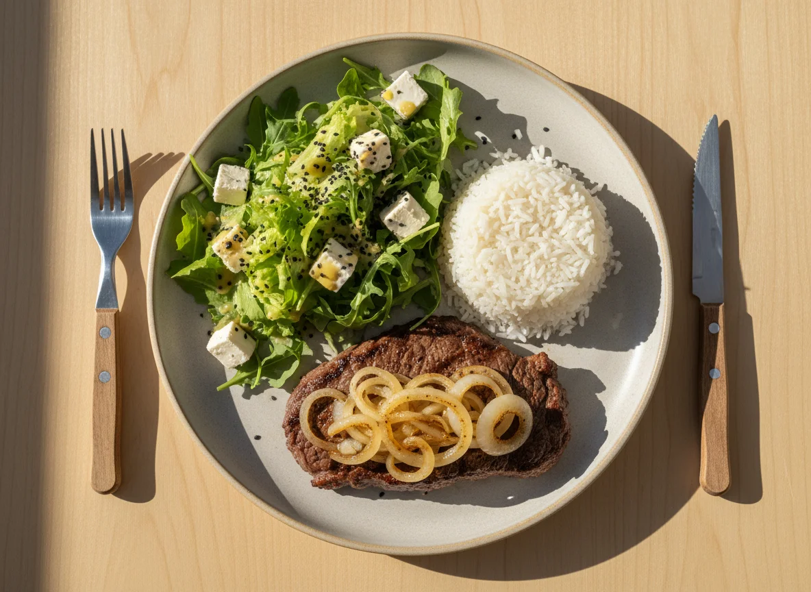Prato feito com bife, arroz e salada photo