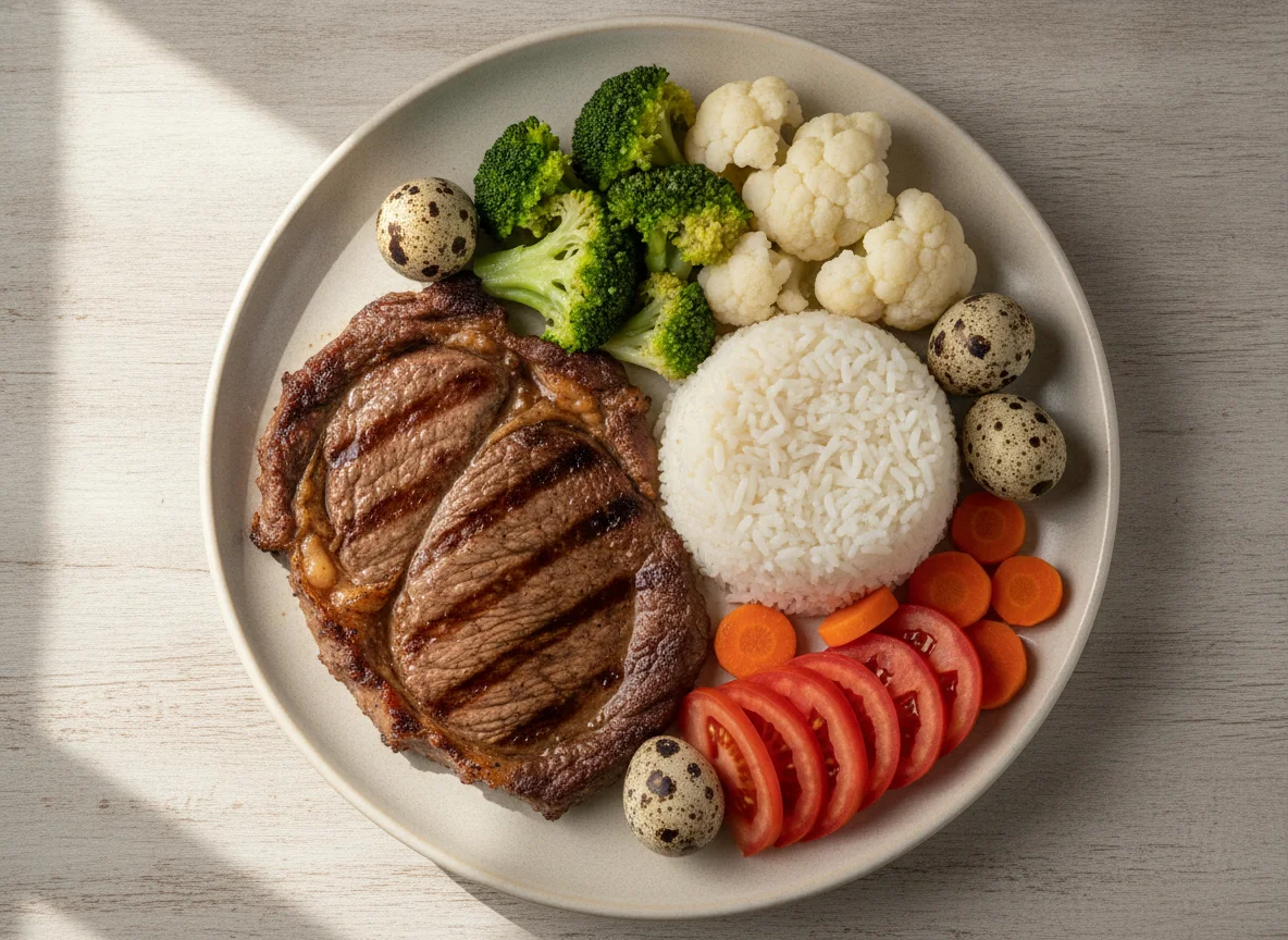 Prato feito com bife, arroz e vegetais photo