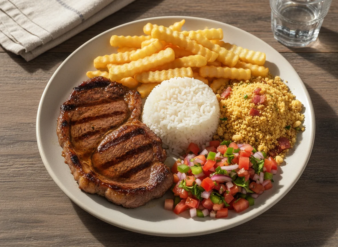 Prato feito com bife, arroz, farofa, batata frita e vinagrete photo