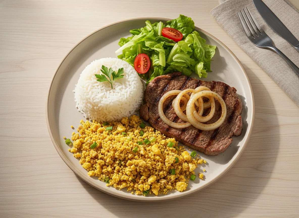 Prato feito com bife, arroz, farofa e salada photo