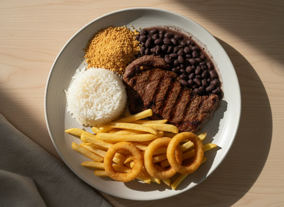 Prato feito com bife, arroz, feijão, batata frita, anéis de cebola e farofa photo