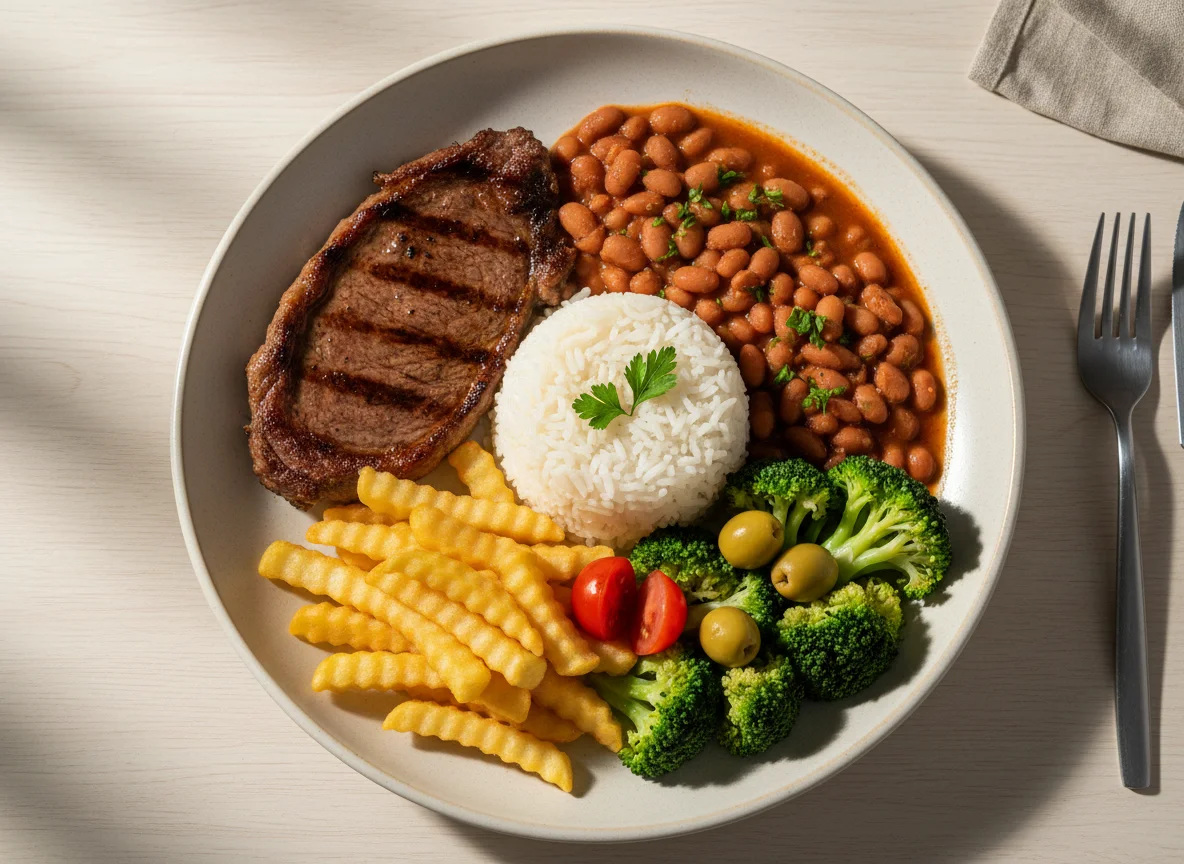 Prato feito com bife, arroz, feijão, batata frita e brócolis photo