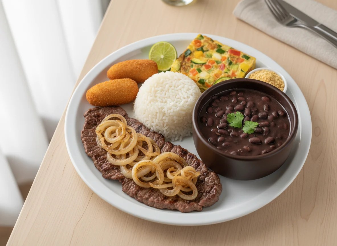 Prato feito com bife, arroz, feijão e acompanhamentos photo