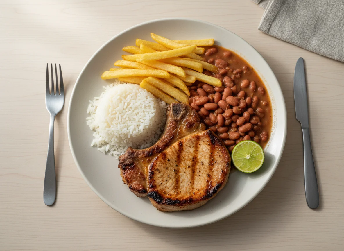 Prato feito com bife, arroz, feijão e batata frita photo