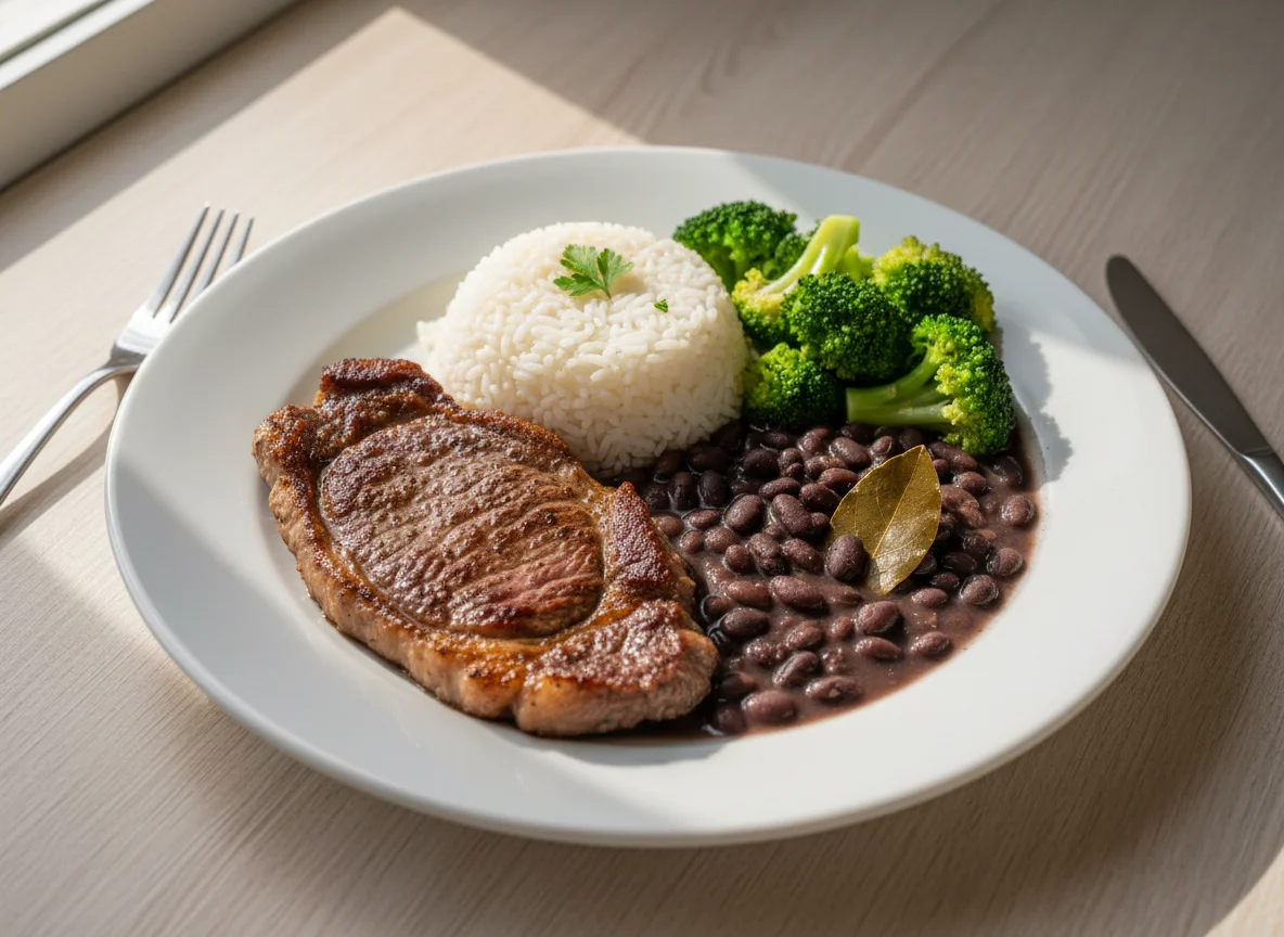 Prato feito com bife, arroz, feijão e brócolis photo