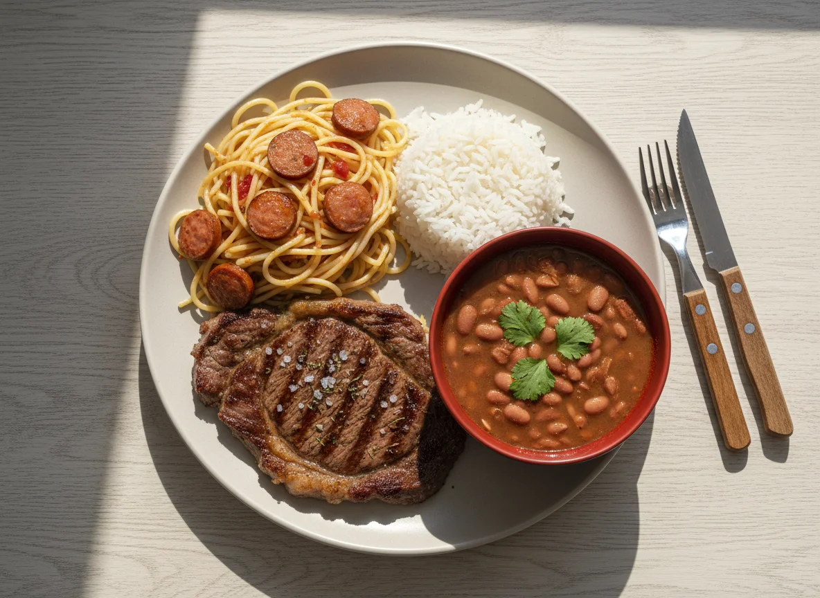 Prato feito com bife, arroz, feijão e macarrão photo