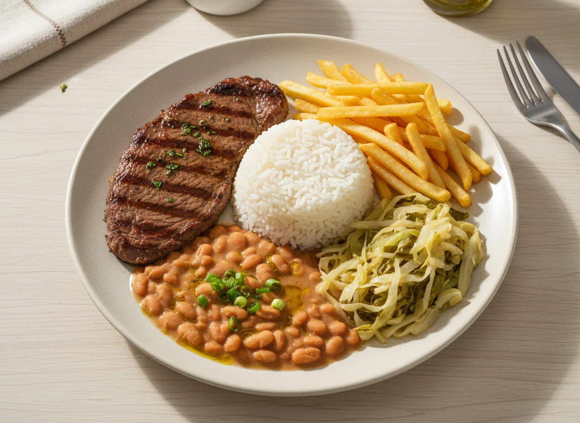 Prato feito com bife, arroz, feijão e repolho refogado photo