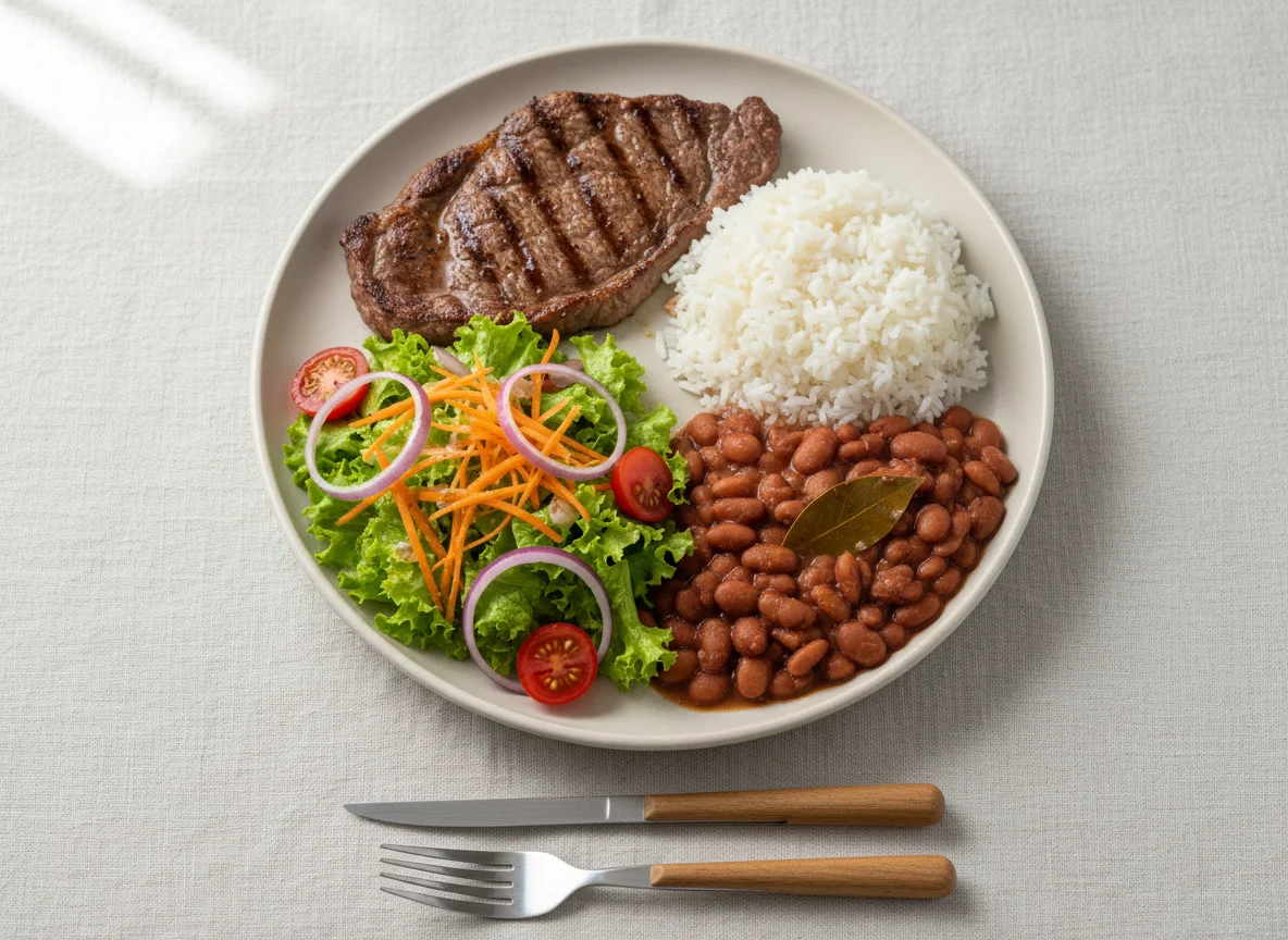 Prato feito com bife, arroz, feijão e salada photo
