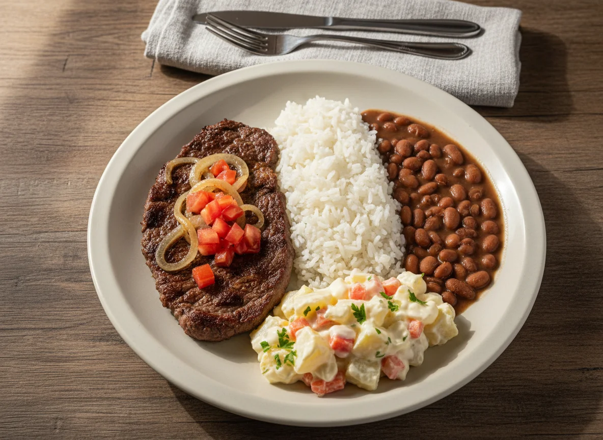 Prato Feito com Bife, Arroz, Feijão e Salada de Maionese photo