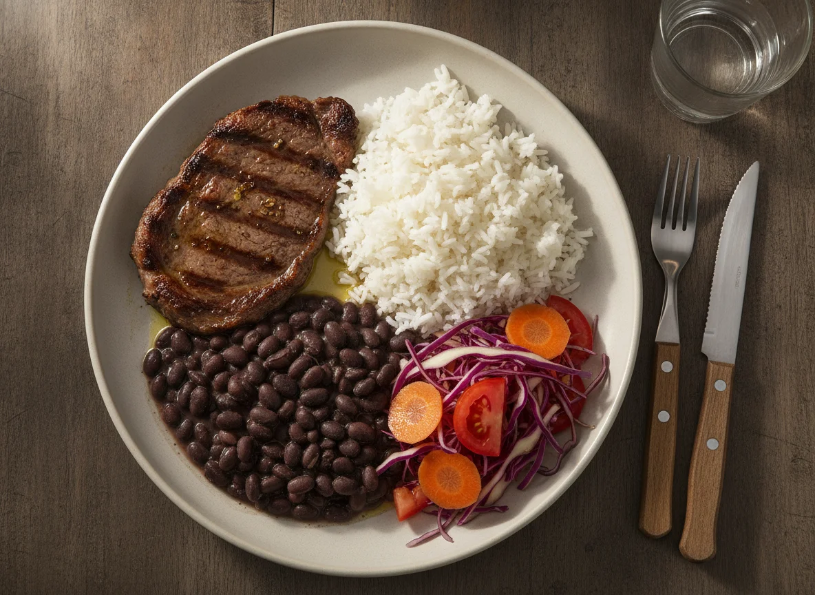 Prato feito com bife, arroz, feijão e salada de repolho roxo photo
