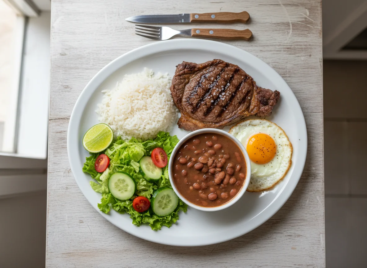 Prato Feito com Bife, Arroz, Feijão, Ovo e Salada photo