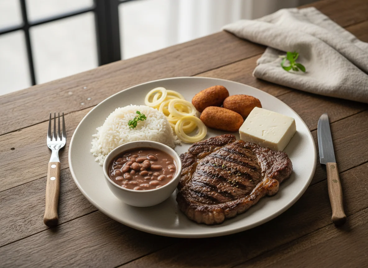 Prato feito com bife, arroz, feijão, palmito, queijo e bolinho de banana photo