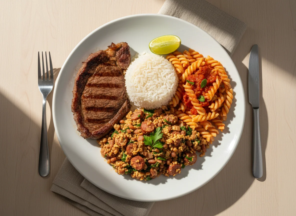 Prato feito com bife, arroz, feijão tropeiro e macarrão photo