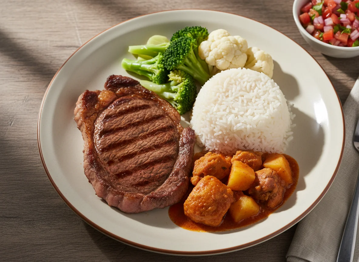 Prato feito com bife, arroz, frango ensopado e vegetais photo