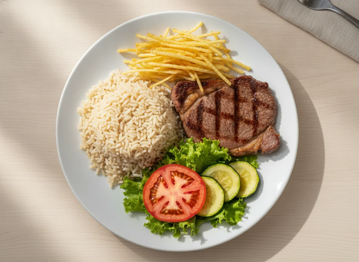 Prato feito com bife, arroz integral, batata palha e salada photo