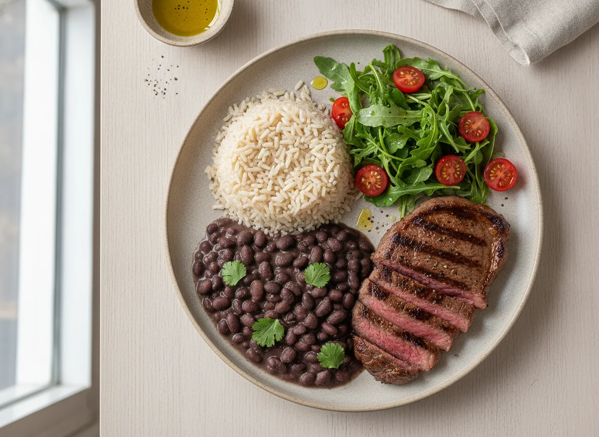Prato feito com bife, arroz integral, feijão e salada photo