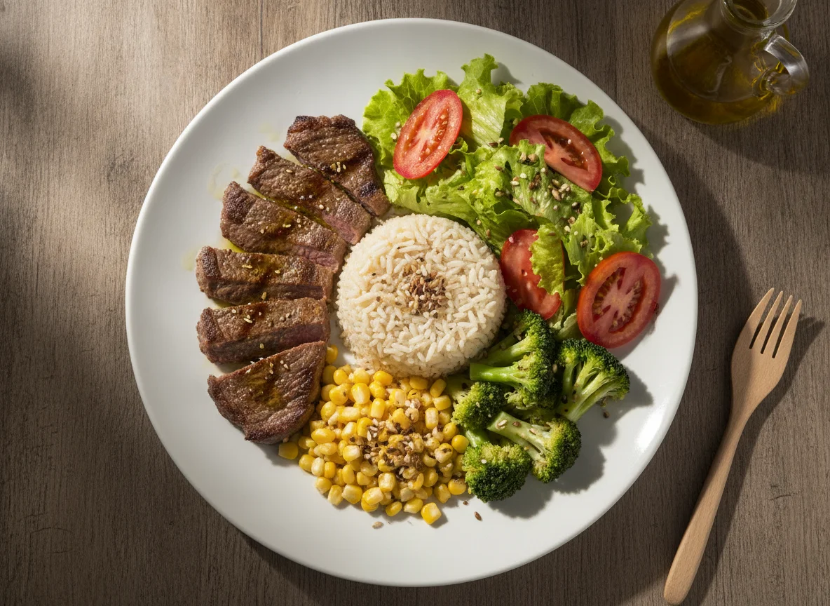 Prato feito com bife, arroz integral, milho, brócolis e salada photo
