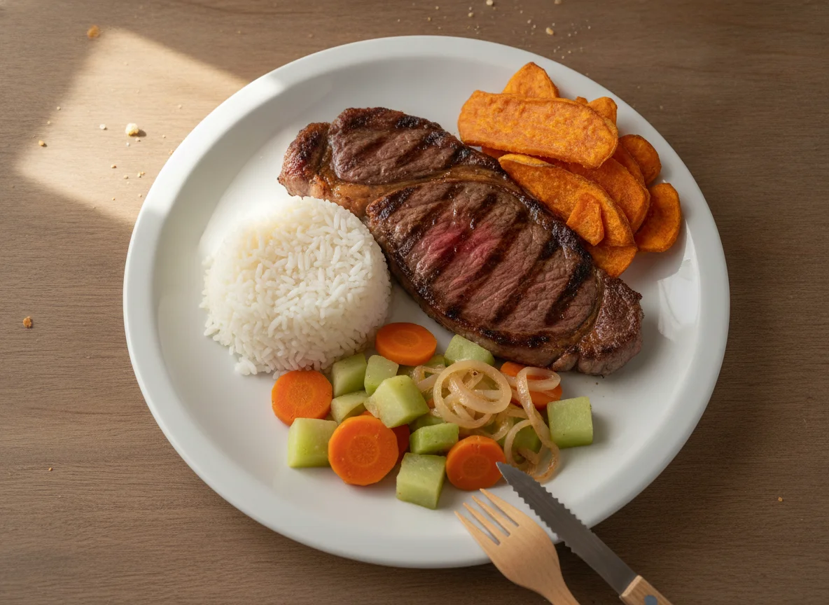Prato feito com bife, arroz, legumes e chips de batata-doce photo