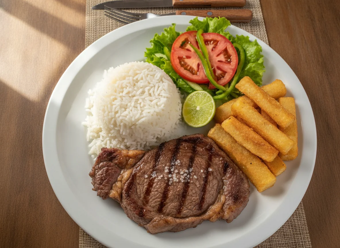 Prato Feito com Bife, Arroz, Mandioca Frita e Salada photo