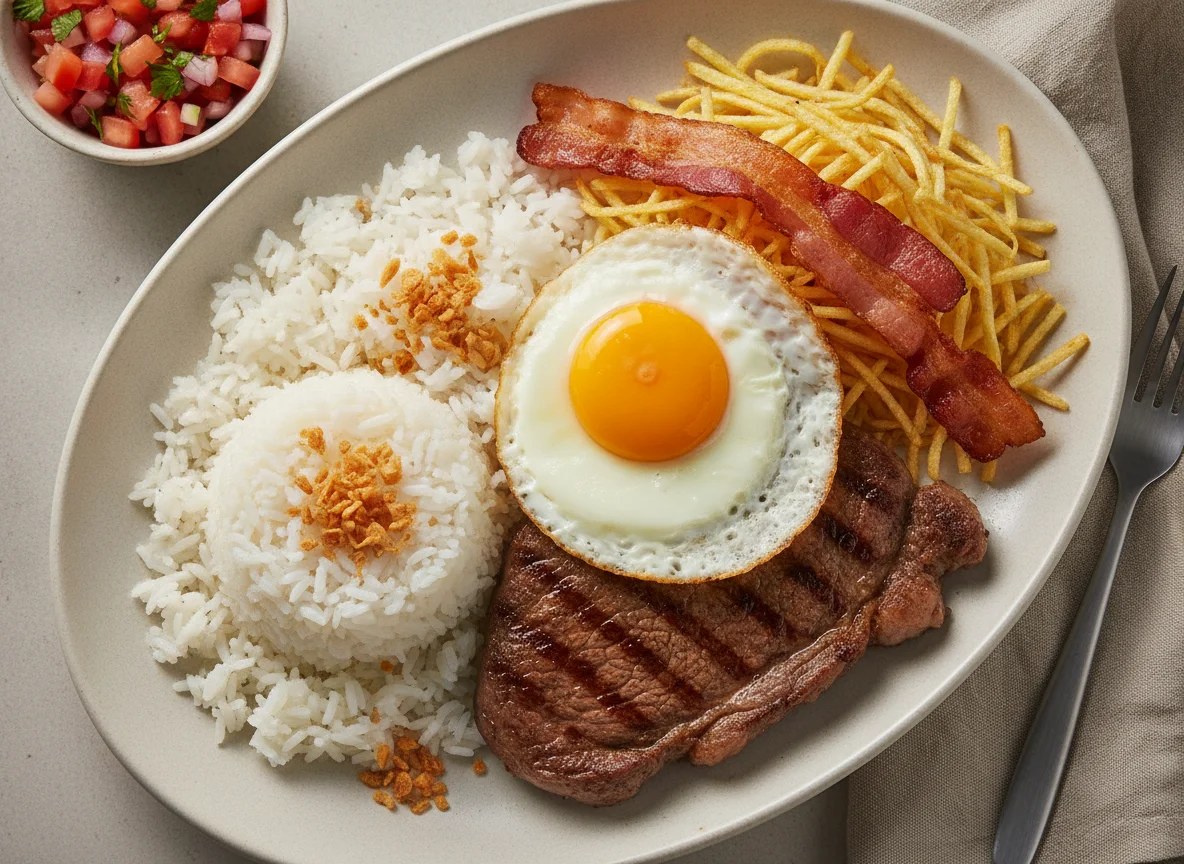 Prato Feito com Bife, Arroz, Ovo, Bacon e Batata Palha photo