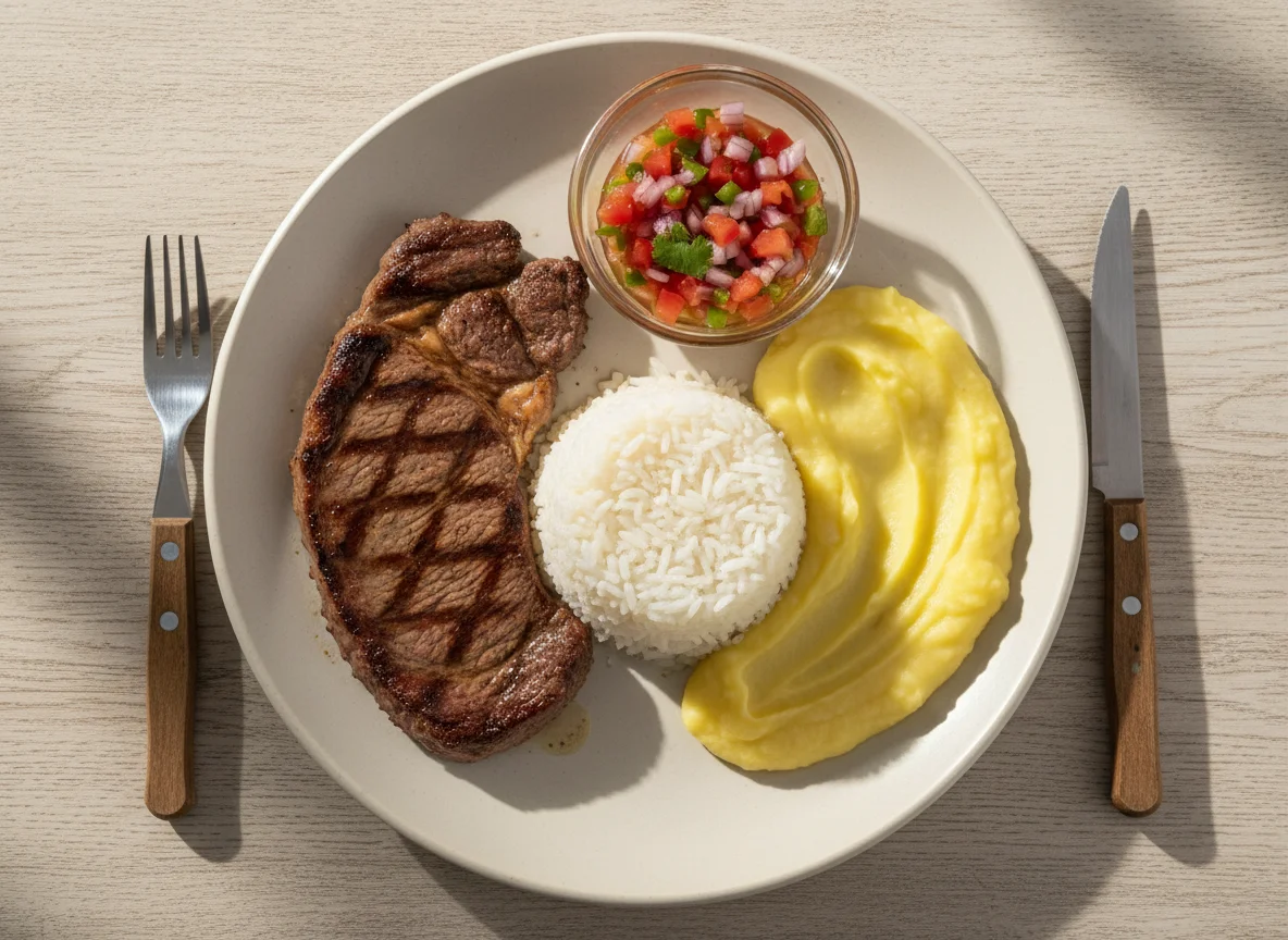 Prato feito com bife, arroz, purê de batata e vinagrete photo