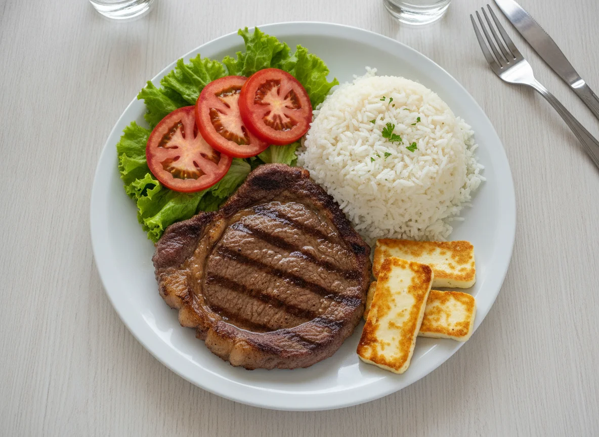 Prato feito com bife, arroz, queijo coalho e salada photo