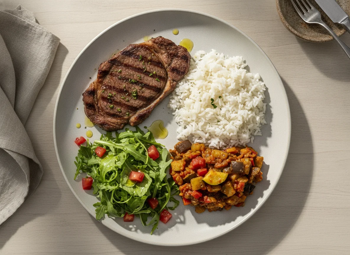 Prato feito com bife, arroz, ratatouille e salada photo
