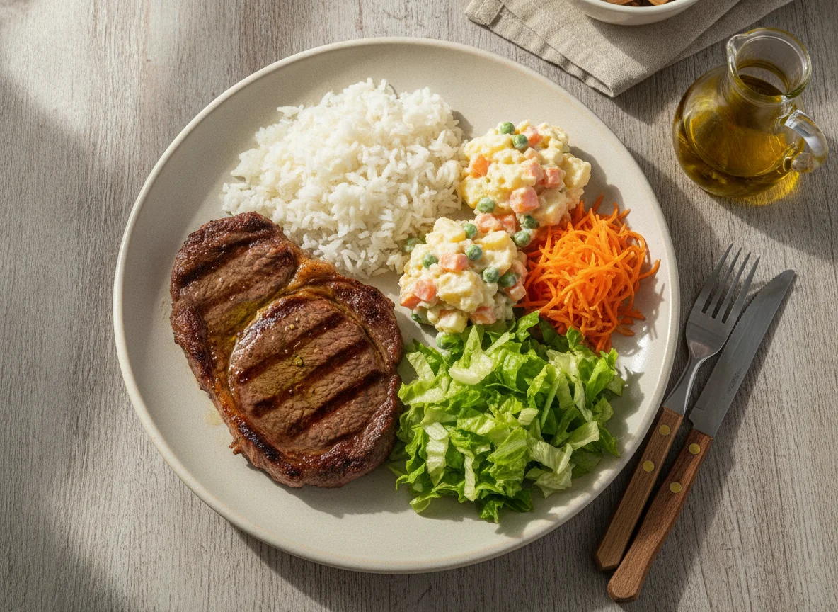 Prato Feito com Bife, Arroz, Salada de Maionese e Salada de Cenoura photo