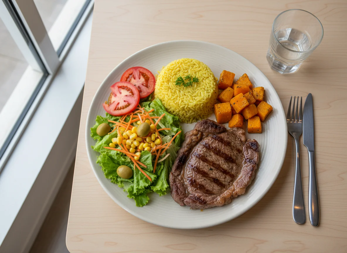 Prato feito com bife, arroz, salada e abóbora photo