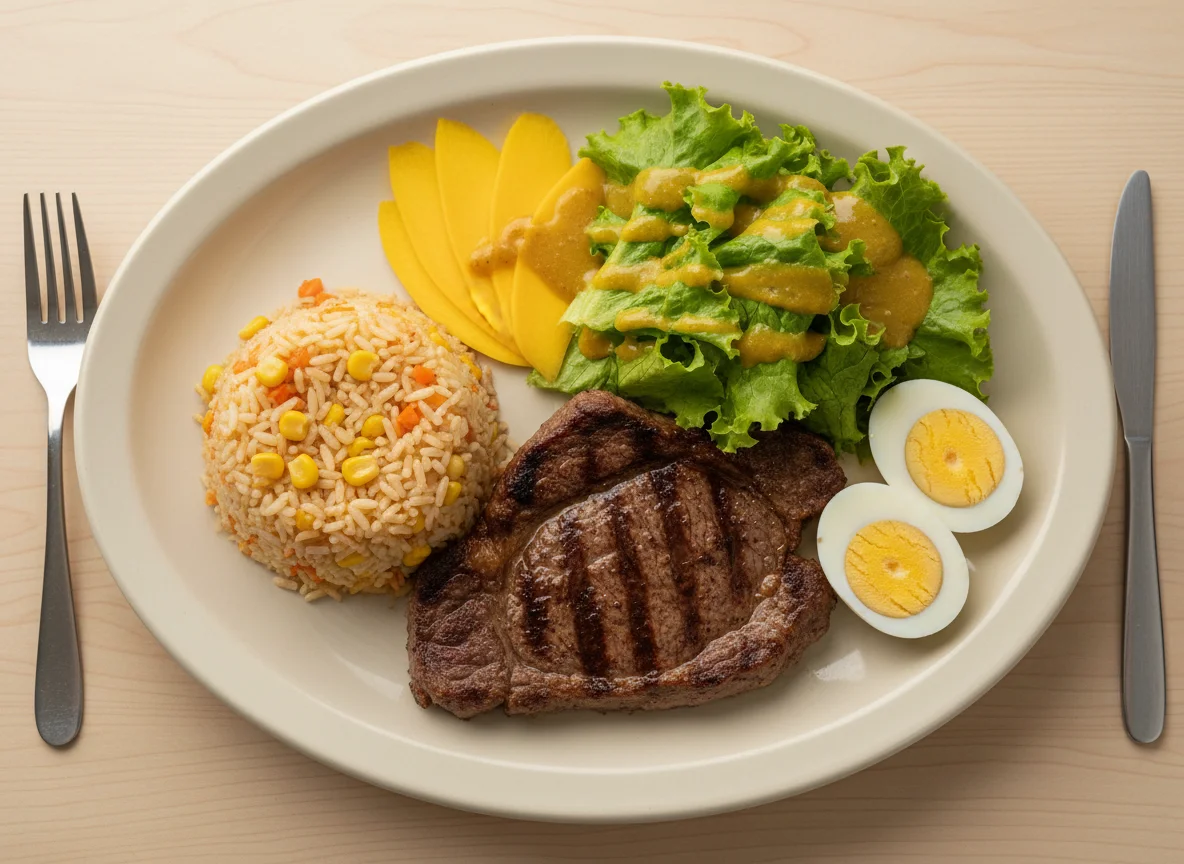 Prato feito com bife, arroz temperado, ovos cozidos e salada photo
