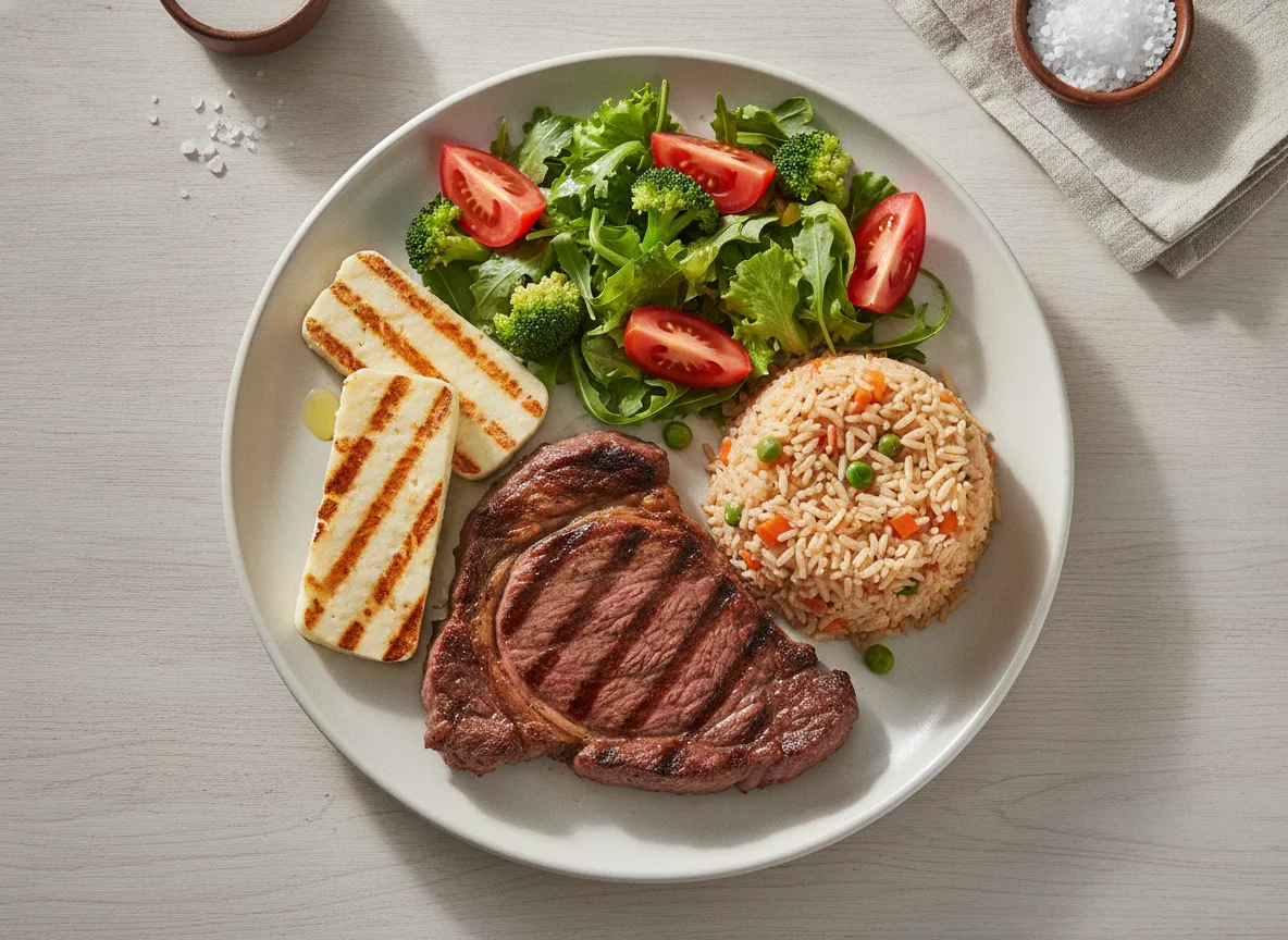 Prato feito com bife, arroz temperado, queijo coalho e salada photo