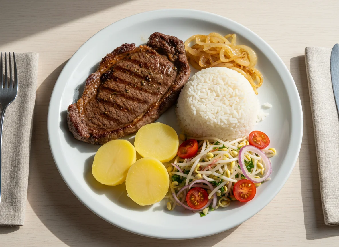 Prato feito com bife, batata, arroz, cebola e salada de moyashi e tomate photo