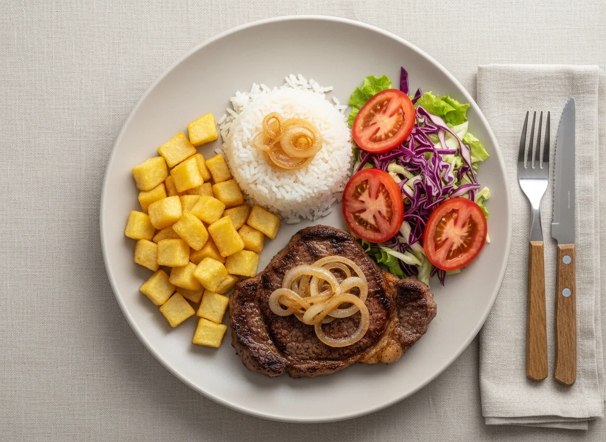 Prato feito com bife, batata, arroz e salada photo