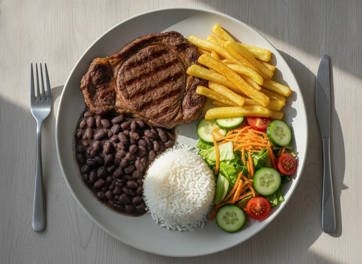 Prato feito com bife, batata frita airfryer, arroz konjac, feijão e salada photo