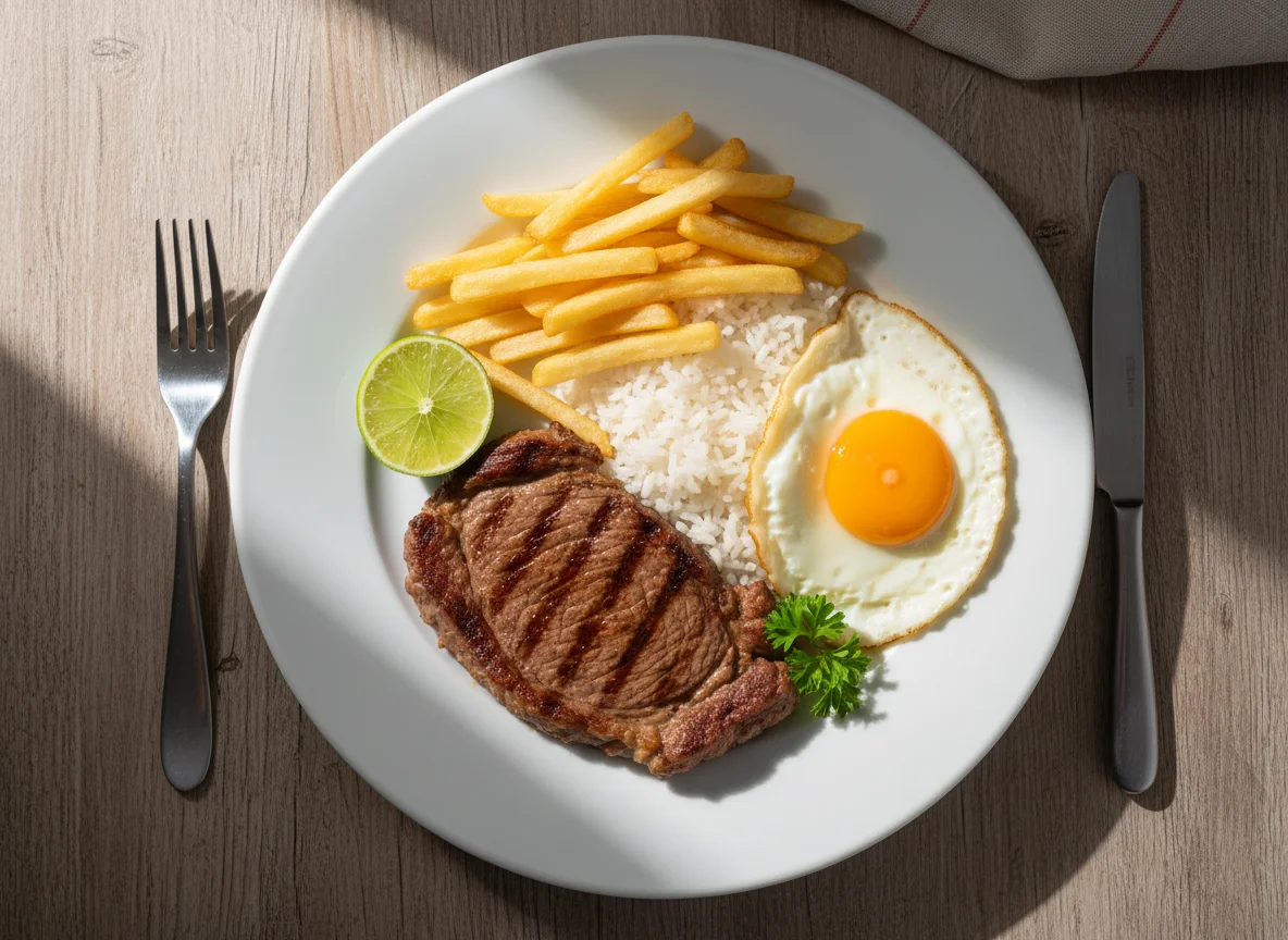 Prato feito com bife, batata frita, arroz e ovo frito photo