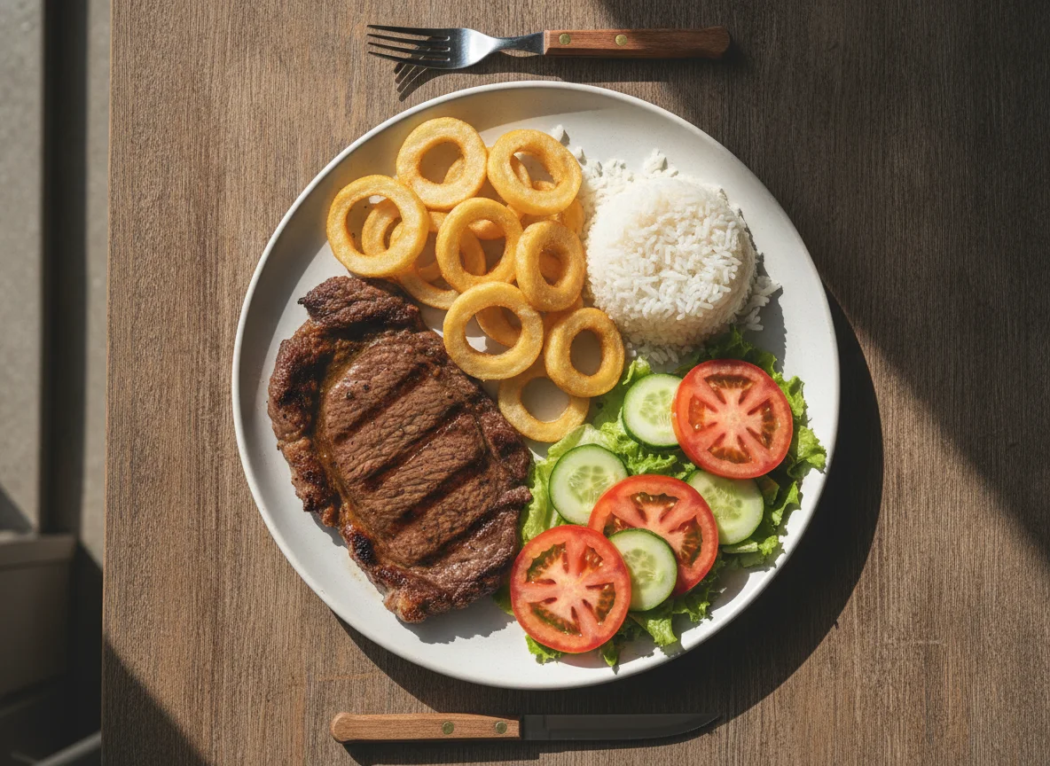 Prato feito com bife, batata frita, arroz e salada photo