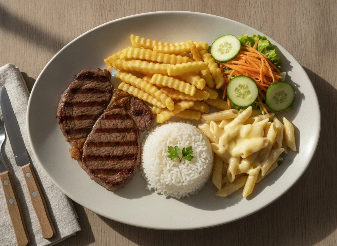 Prato Feito com Bife, Batata Frita, Arroz, Macarrão e Salada photo