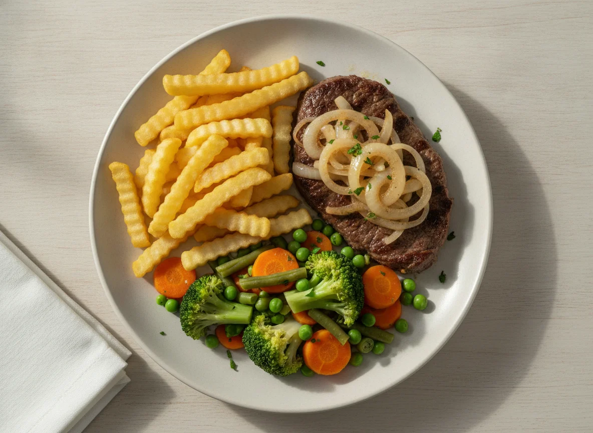 Prato Feito com Bife, Batata Frita e Legumes photo