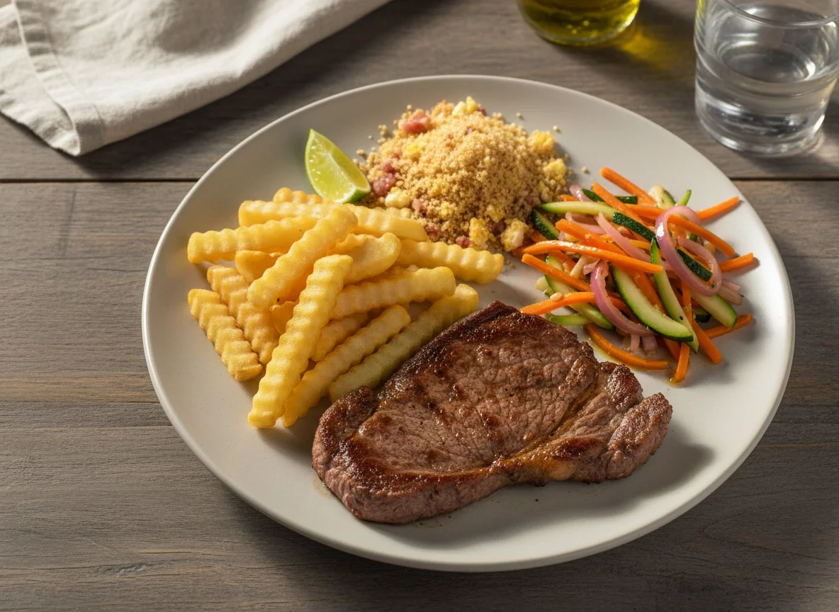 Prato feito com bife, batata frita, legumes salteados e farofa photo